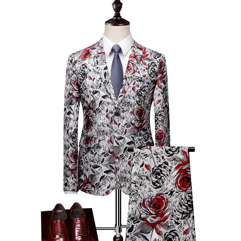 Menns Business Casual Flower Dress Set Passende Kjole Emcee Suit To-delt Sett